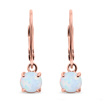 Round Rose Tone, Lab Created White Opal Leverback Earrings 925 Sterling Silver (25.4mm)